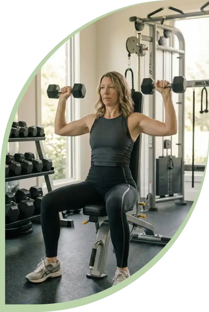 Frau um die 40 trainiert konzentriert mit Hanteln in einem hellen Fitnessstudio