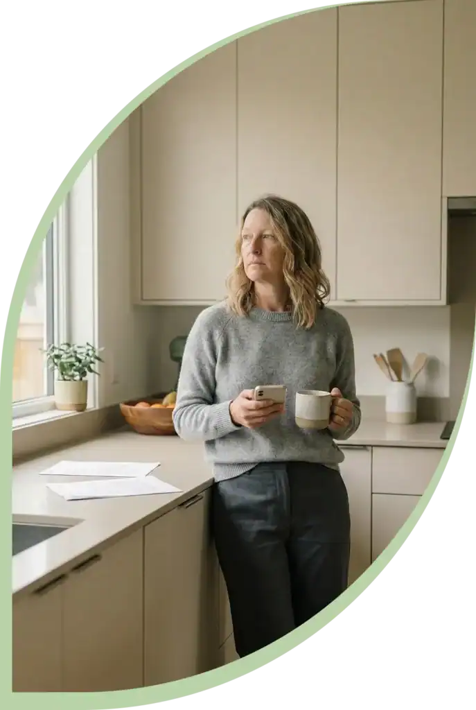 Frau um die 40 steht nachdenklich in der Küche und hält eine Tasse in den Händen